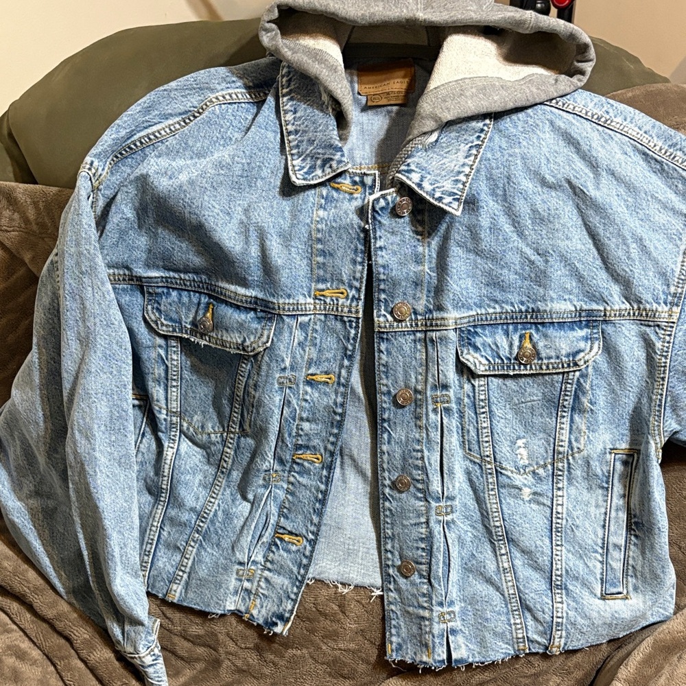 American Eagle Outfitters Blue Jean Jacket with Gray Hood